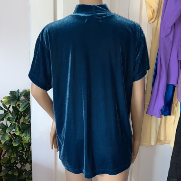Vintage 90s teal turquoise spandex Stretch velour mock neck shirt top L - Picture 7 of 9